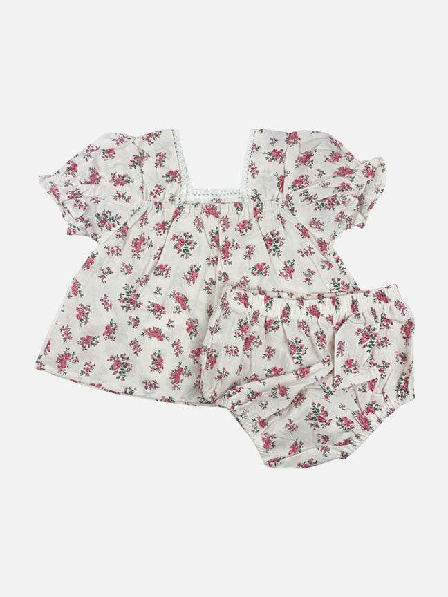 Nora 2 pc set featuring a red floral print on a soft cotton fabric, including a top with lace trim and matching bloomer shorts.