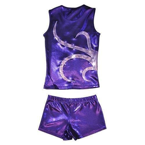 Obersee Cheer Dance Tank and Shorts Set in Purple Strands featuring shiny metallic fabric, scoop neck tank, and elastic waistband shorts.