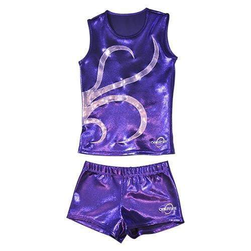 Obersee Cheer Dance Tank and Shorts Set in Purple Strands featuring shiny metallic fabric, scoop neck tank, and elastic waistband shorts.