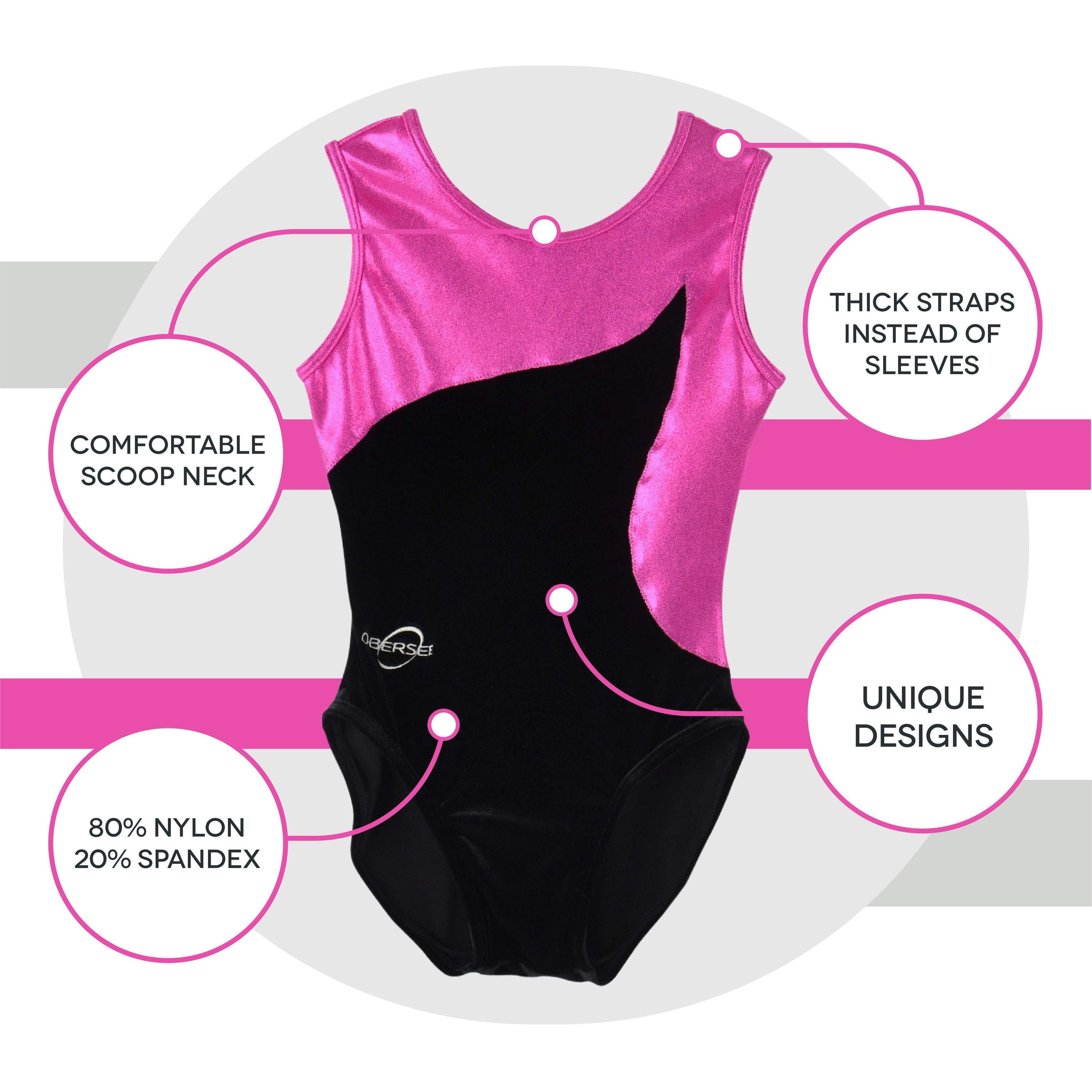 Obersee Girls Gymnastics Leotard in pink and black, showcasing a scoop neck design and sleeveless style, perfect for gymnastics and dance.