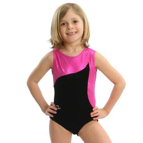 Obersee Girls Gymnastics Leotard in pink and black, showcasing a scoop neck design and sleeveless style, perfect for gymnastics and dance.