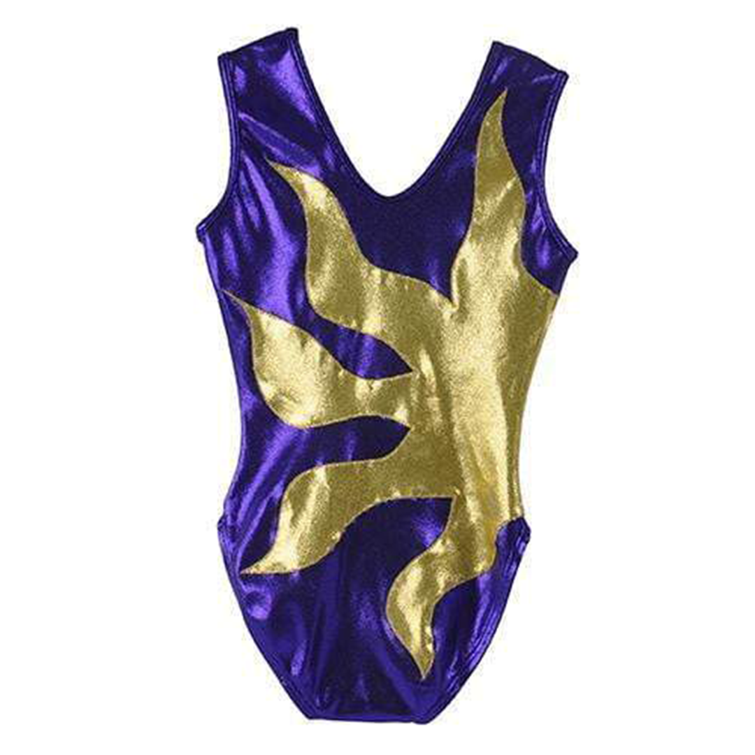 O3GL015 Obersee Girls Gymnastics Leotard in Purple Sun with gold accents, showcasing a stylish scoop neck and sleeveless design.