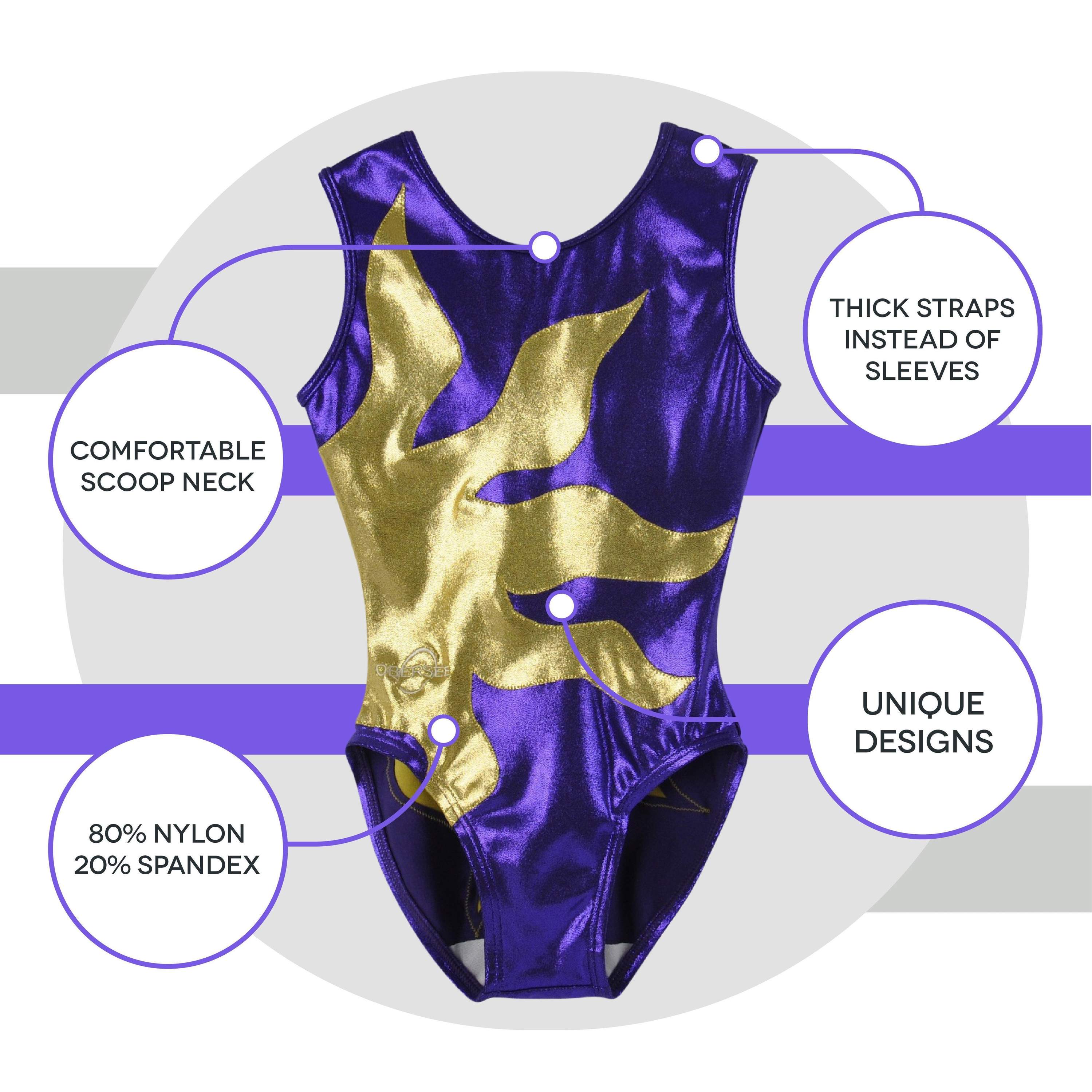 O3GL015 Obersee Girls Gymnastics Leotard in Purple Sun with gold accents, showcasing a stylish scoop neck and sleeveless design.