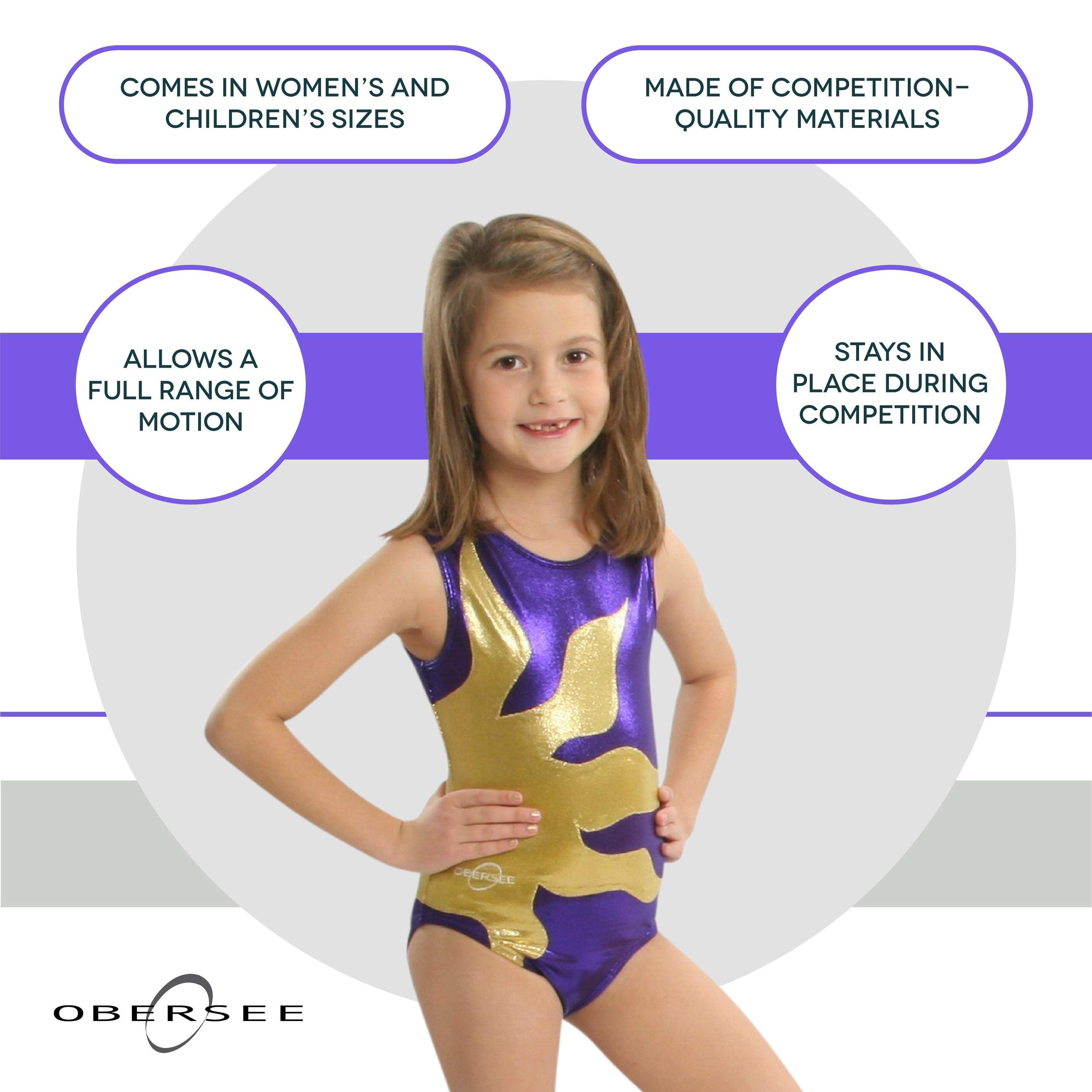 O3GL015 Obersee Girls Gymnastics Leotard in Purple Sun with gold accents, showcasing a stylish scoop neck and sleeveless design.