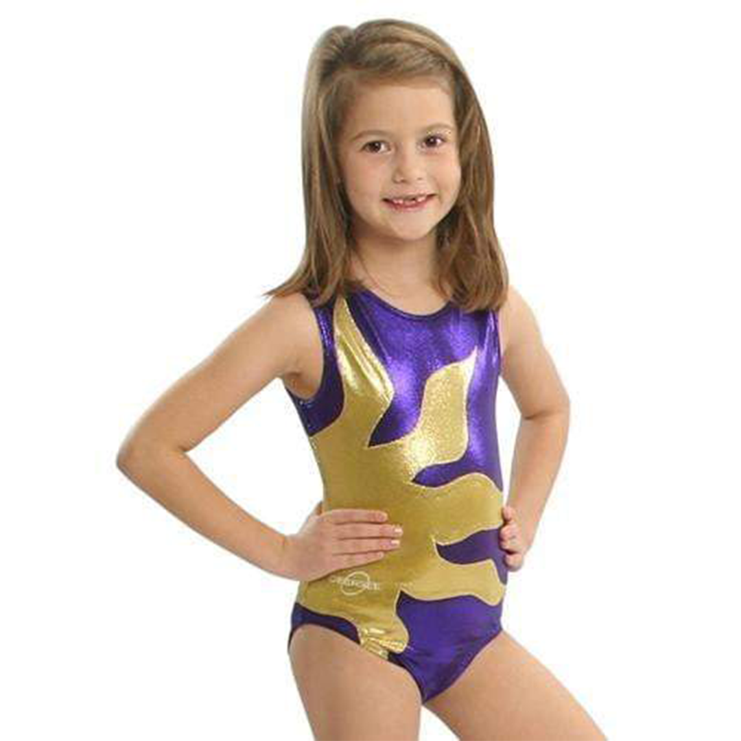 O3GL015 Obersee Girls Gymnastics Leotard in Purple Sun with gold accents, showcasing a stylish scoop neck and sleeveless design.