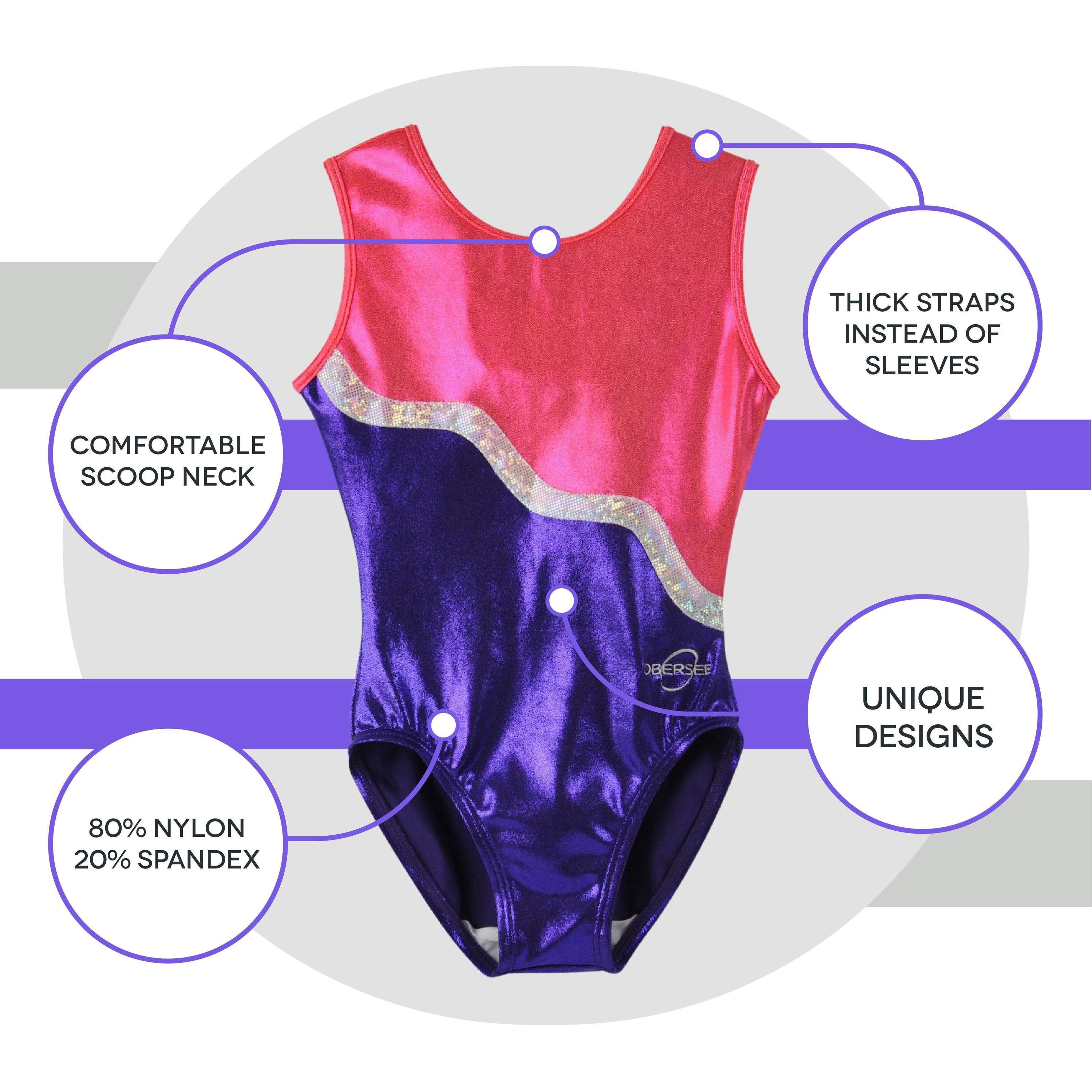 Obersee Girls Gymnastics Leotard in purple with pink and silver accents, showcasing a scoop neck design and sleeveless style, perfect for young athletes.