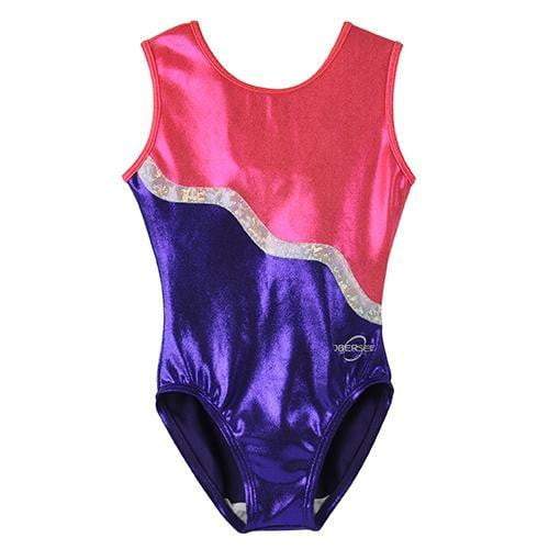 Obersee Girls Gymnastics Leotard in purple with pink and silver accents, showcasing a scoop neck design and sleeveless style, perfect for young athletes.