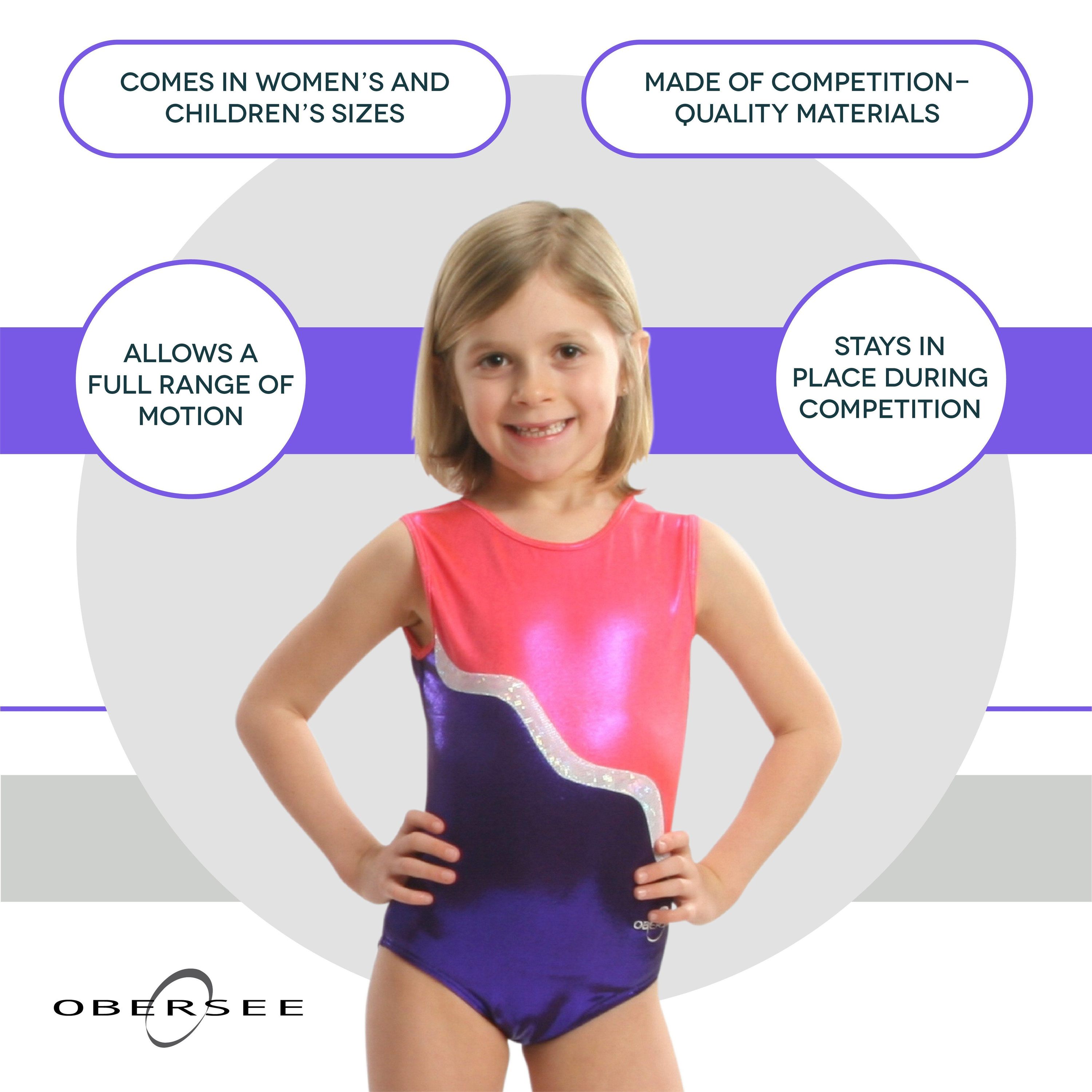 Obersee Girls Gymnastics Leotard in purple with pink and silver accents, showcasing a scoop neck design and sleeveless style, perfect for young athletes.