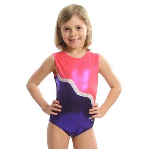 Obersee Girls Gymnastics Leotard in purple with pink and silver accents, showcasing a scoop neck design and sleeveless style, perfect for young athletes.