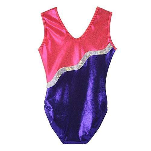 Obersee Girls Gymnastics Leotard in purple with pink and silver accents, showcasing a scoop neck design and sleeveless style, perfect for young athletes.