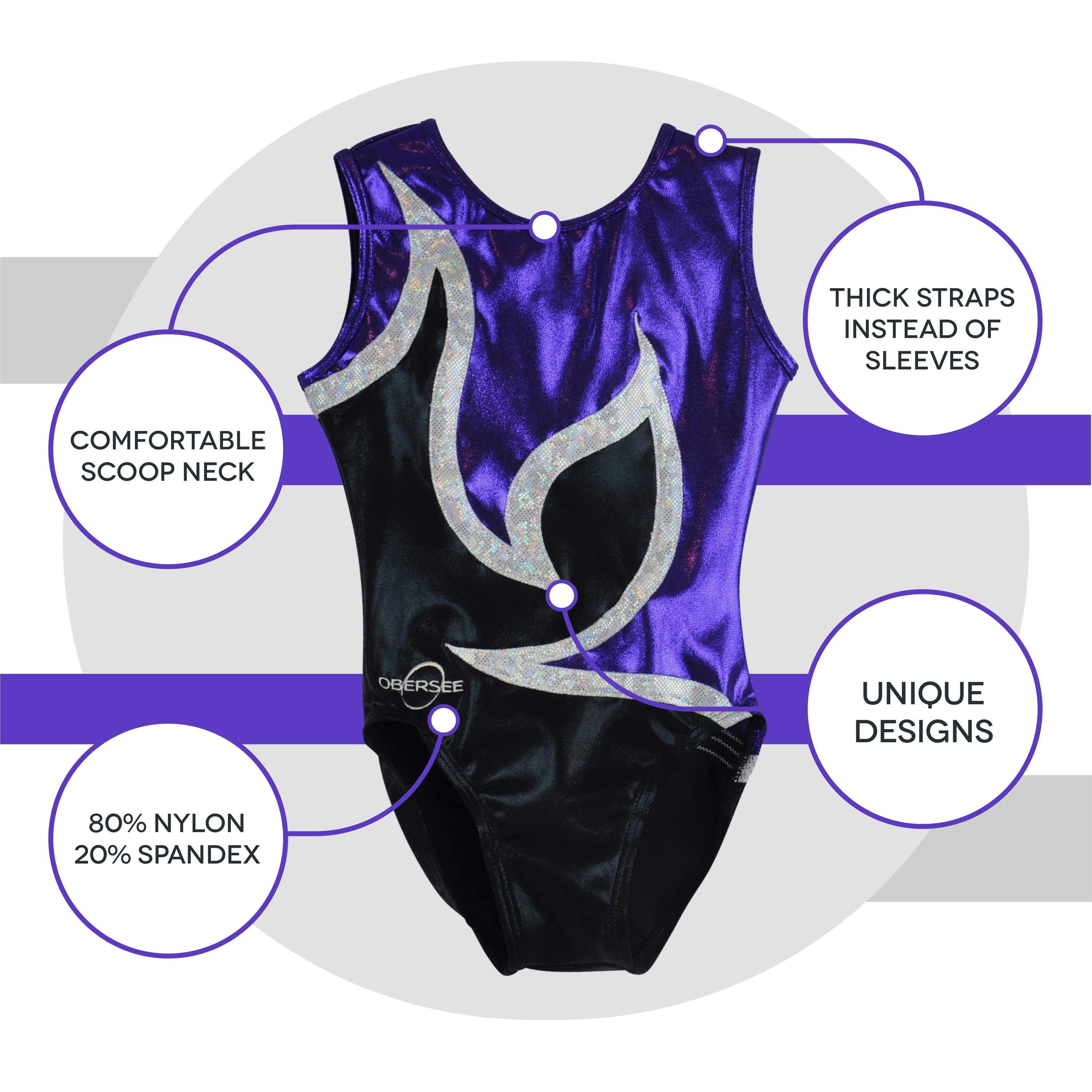 Obersee Girls Gymnastics Leotard in Anya Black Purple, showcasing vibrant colors and a stylish scoop neck design, perfect for young gymnasts.