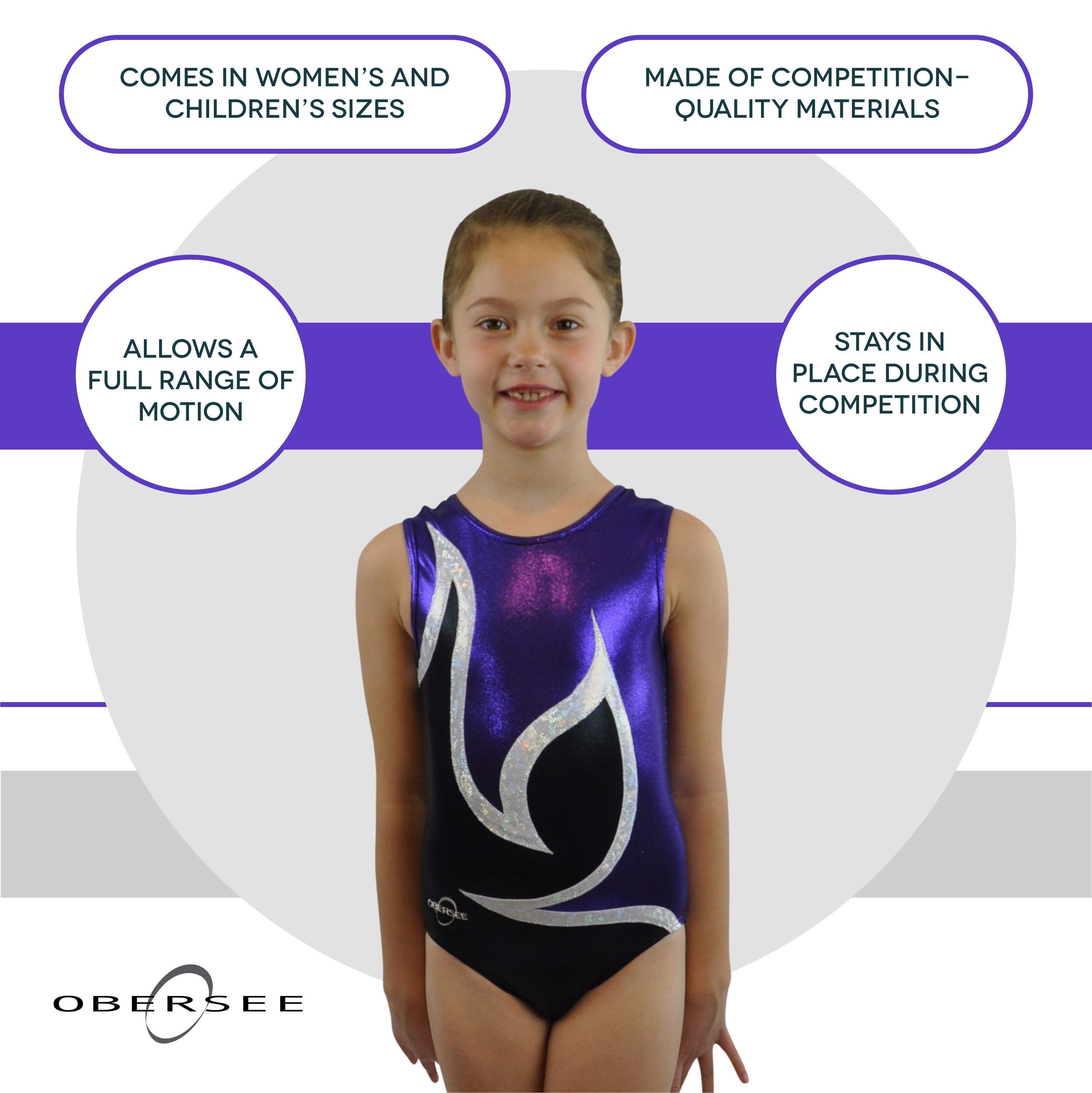 Obersee Girls Gymnastics Leotard in Anya Black Purple, showcasing vibrant colors and a stylish scoop neck design, perfect for young gymnasts.