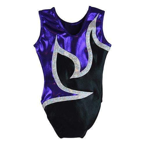 Obersee Girls Gymnastics Leotard in Anya Black Purple, showcasing vibrant colors and a stylish scoop neck design, perfect for young gymnasts.