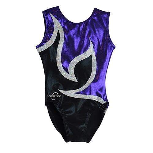 Obersee Girls Gymnastics Leotard in Anya Black Purple, showcasing vibrant colors and a stylish scoop neck design, perfect for young gymnasts.