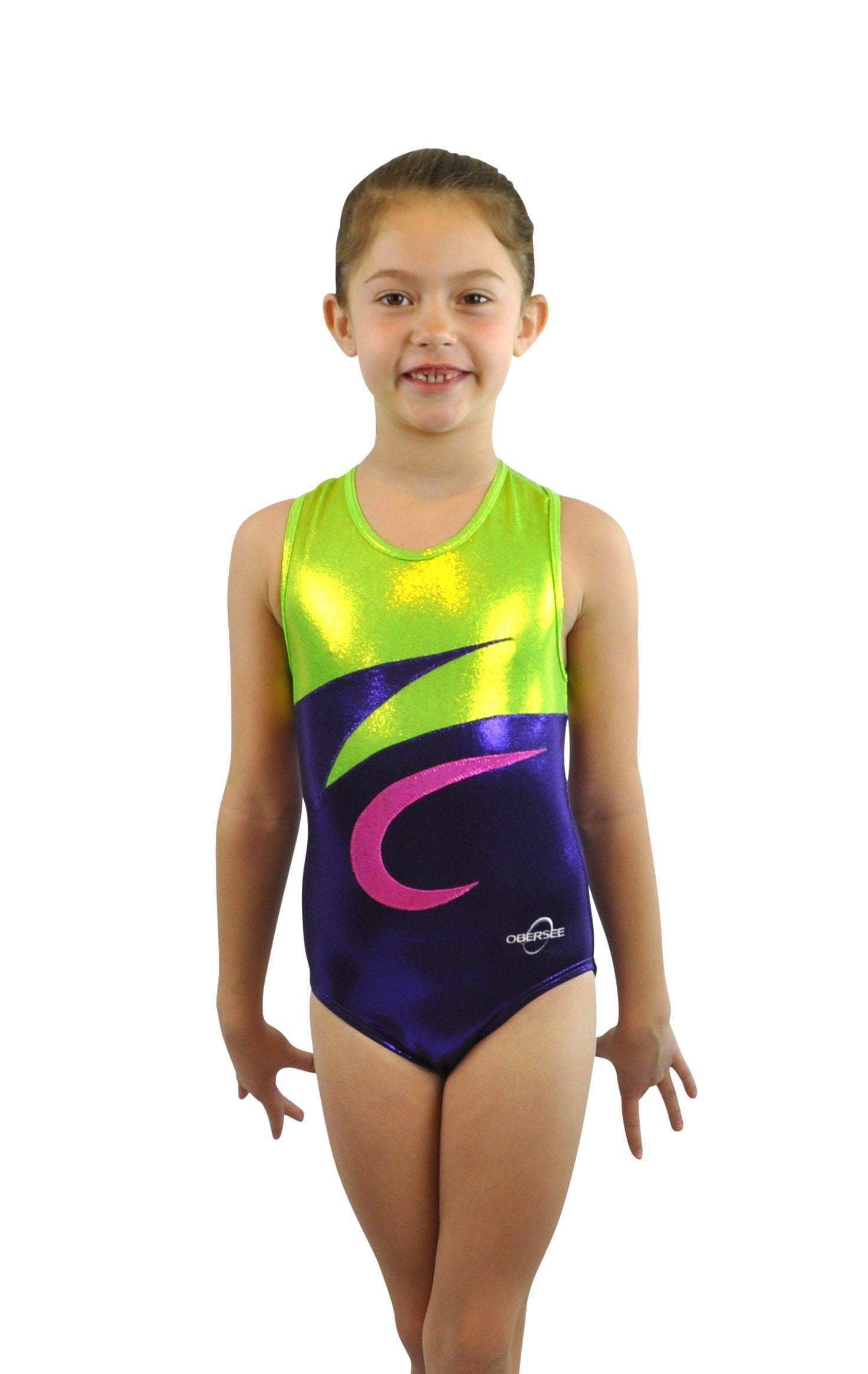 Obersee Girls Gymnastics Leotard in Nina Purple with pink and yellow shimmer, showcasing a scoop neck design and sleeveless style.