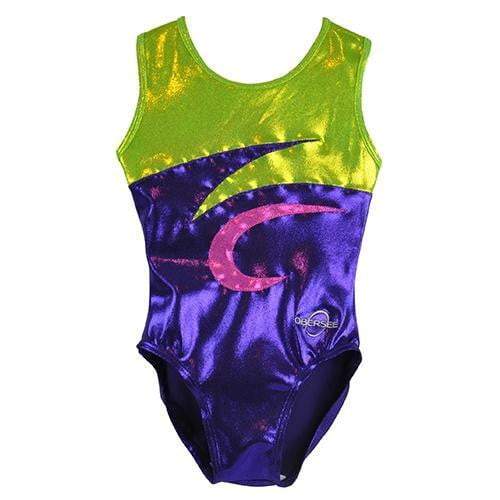 Obersee Girls Gymnastics Leotard in Nina Purple with pink and yellow shimmer, showcasing a scoop neck design and sleeveless style.