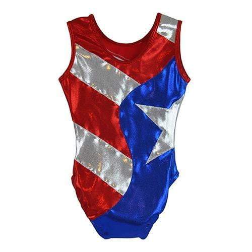 O3GL024 Obersee Girls Gymnastics Leotard in vibrant Flag Red, featuring a scoop neck design and shimmering fabric, perfect for gymnastics and dance.