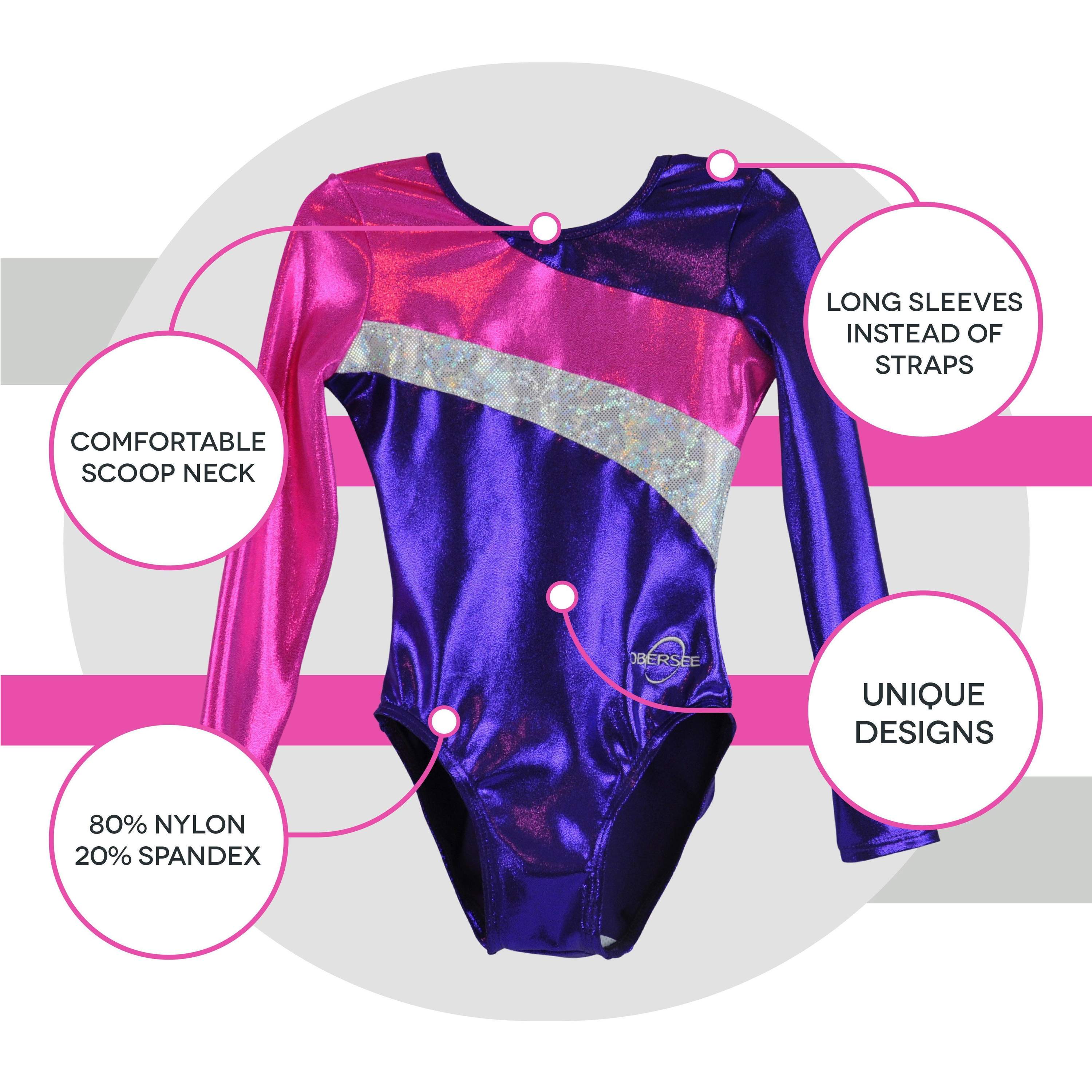 O3GL030 Obersee Girls Gymnastics Leotard in vibrant purple, pink, and silver colors with long sleeves, perfect for gymnastics and dance.