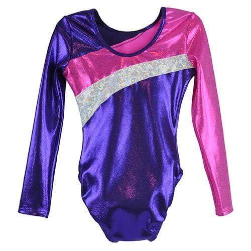 O3GL030 Obersee Girls Gymnastics Leotard in vibrant purple, pink, and silver colors with long sleeves, perfect for gymnastics and dance.