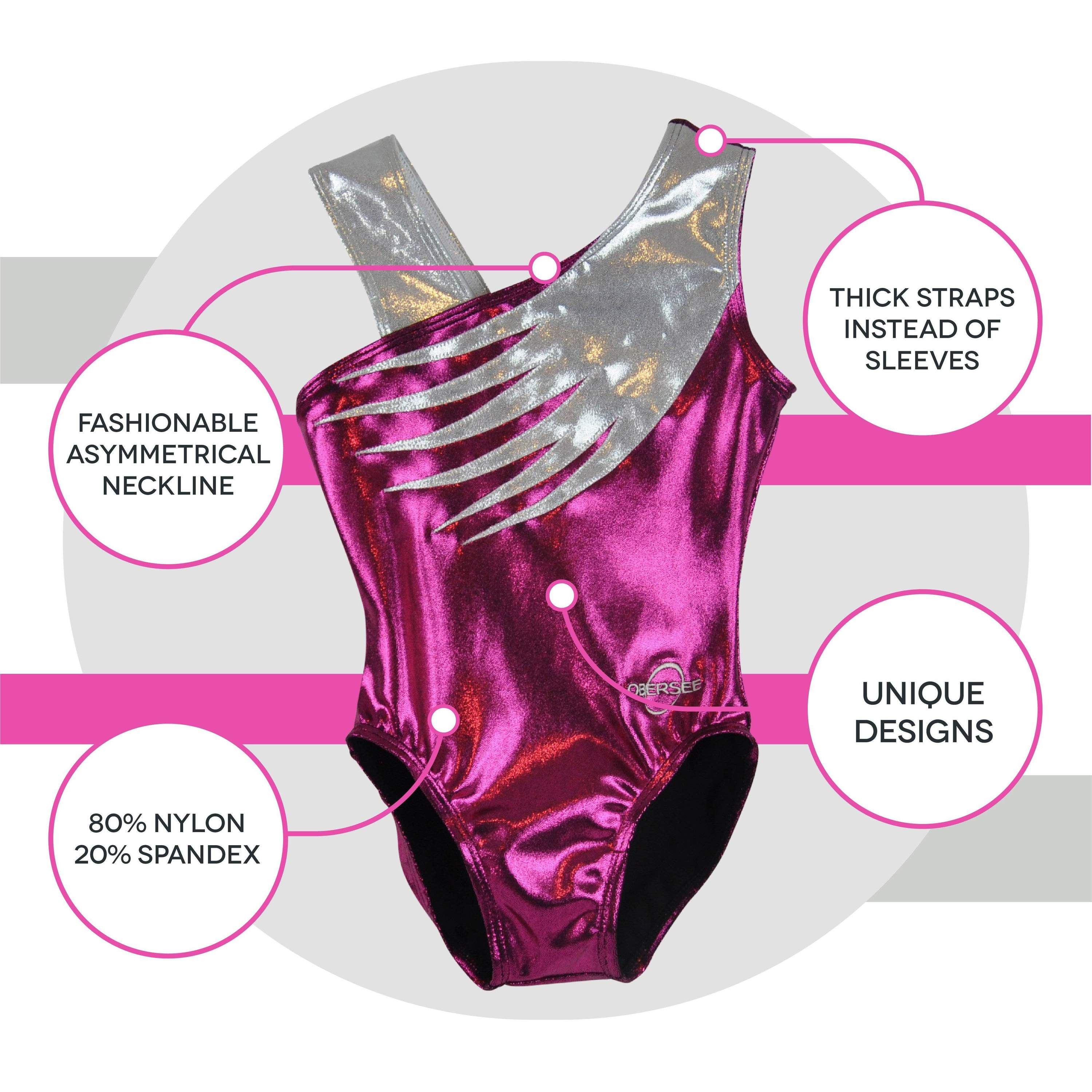 O3GL036 Obersee Girls Gymnastics Leotard in pink feather design, showcasing its scoop neck and no-sleeve style, perfect for young athletes.