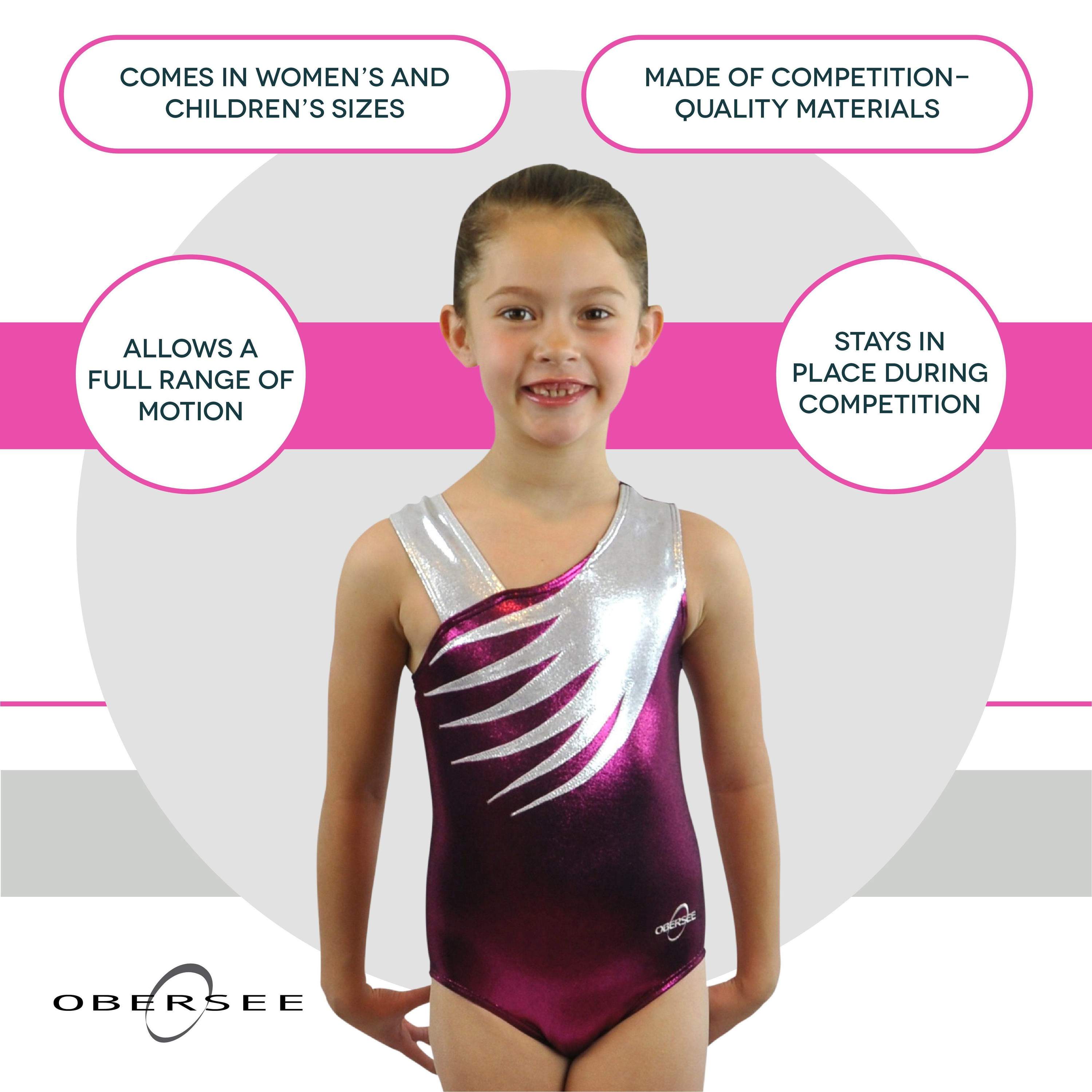 O3GL036 Obersee Girls Gymnastics Leotard in pink feather design, showcasing its scoop neck and no-sleeve style, perfect for young athletes.