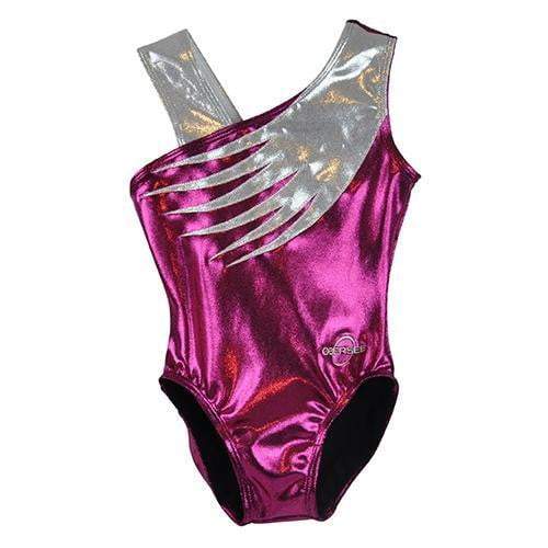 O3GL036 Obersee Girls Gymnastics Leotard in pink feather design, showcasing its scoop neck and no-sleeve style, perfect for young athletes.