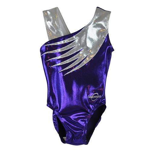 Obersee Girls Gymnastics Leotard in purple feather design, showcasing its scoop neck and sleeveless style, perfect for activewear.