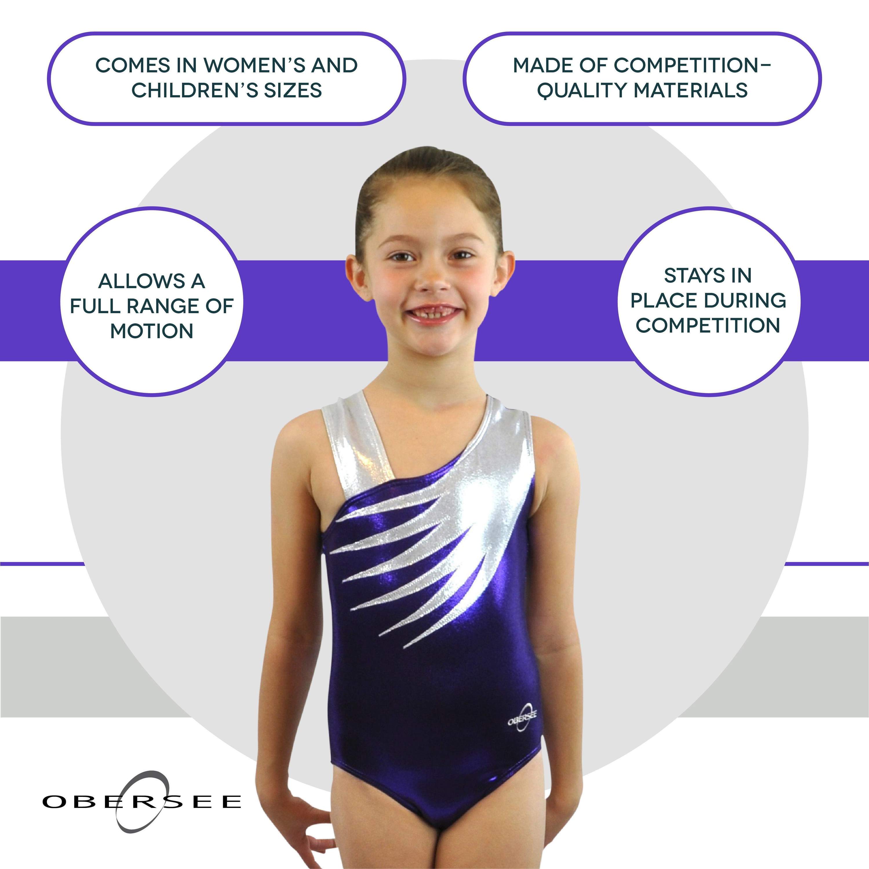 Obersee Girls Gymnastics Leotard in purple feather design, showcasing its scoop neck and sleeveless style, perfect for activewear.