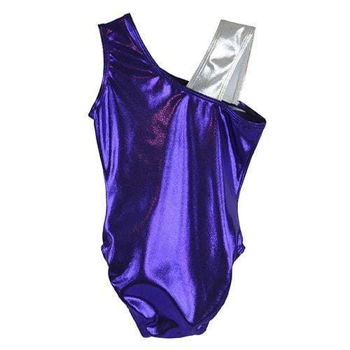 Obersee Girls Gymnastics Leotard in purple feather design, showcasing its scoop neck and sleeveless style, perfect for activewear.