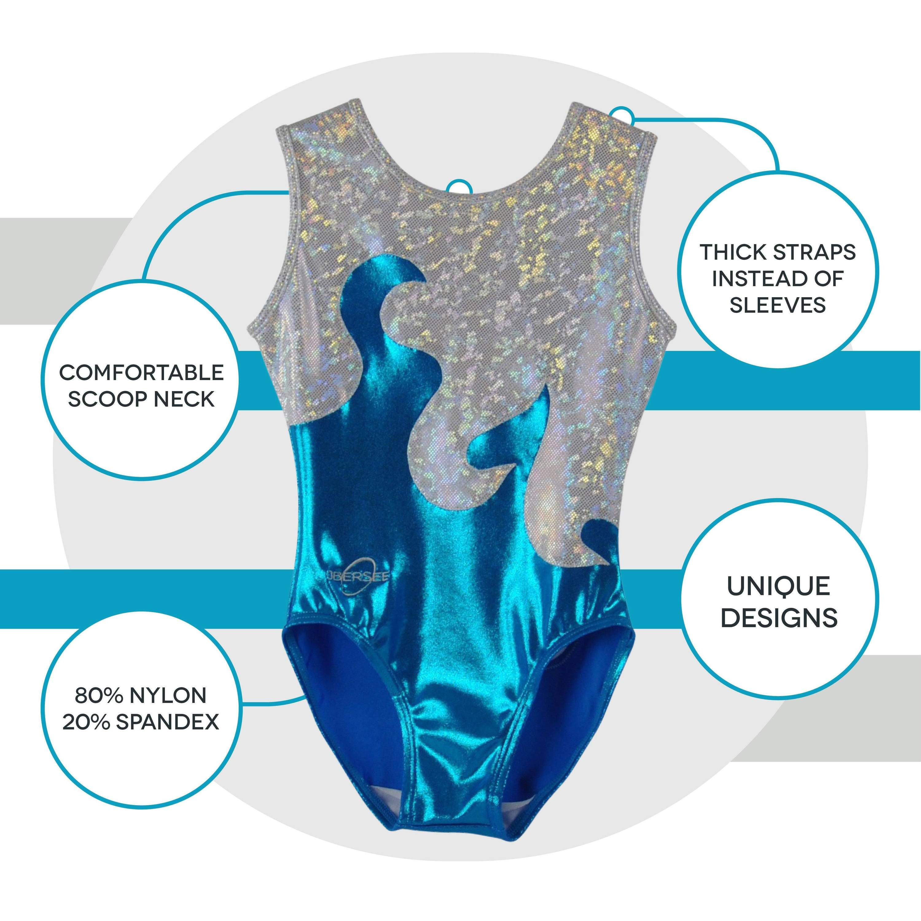 Obersee Girls Gymnastics Leotard in turquoise waves design, showcasing its scoop neck and no-sleeve style, perfect for young athletes.