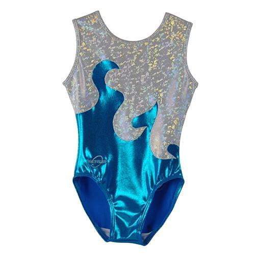 Obersee Girls Gymnastics Leotard in turquoise waves design, showcasing its scoop neck and no-sleeve style, perfect for young athletes.