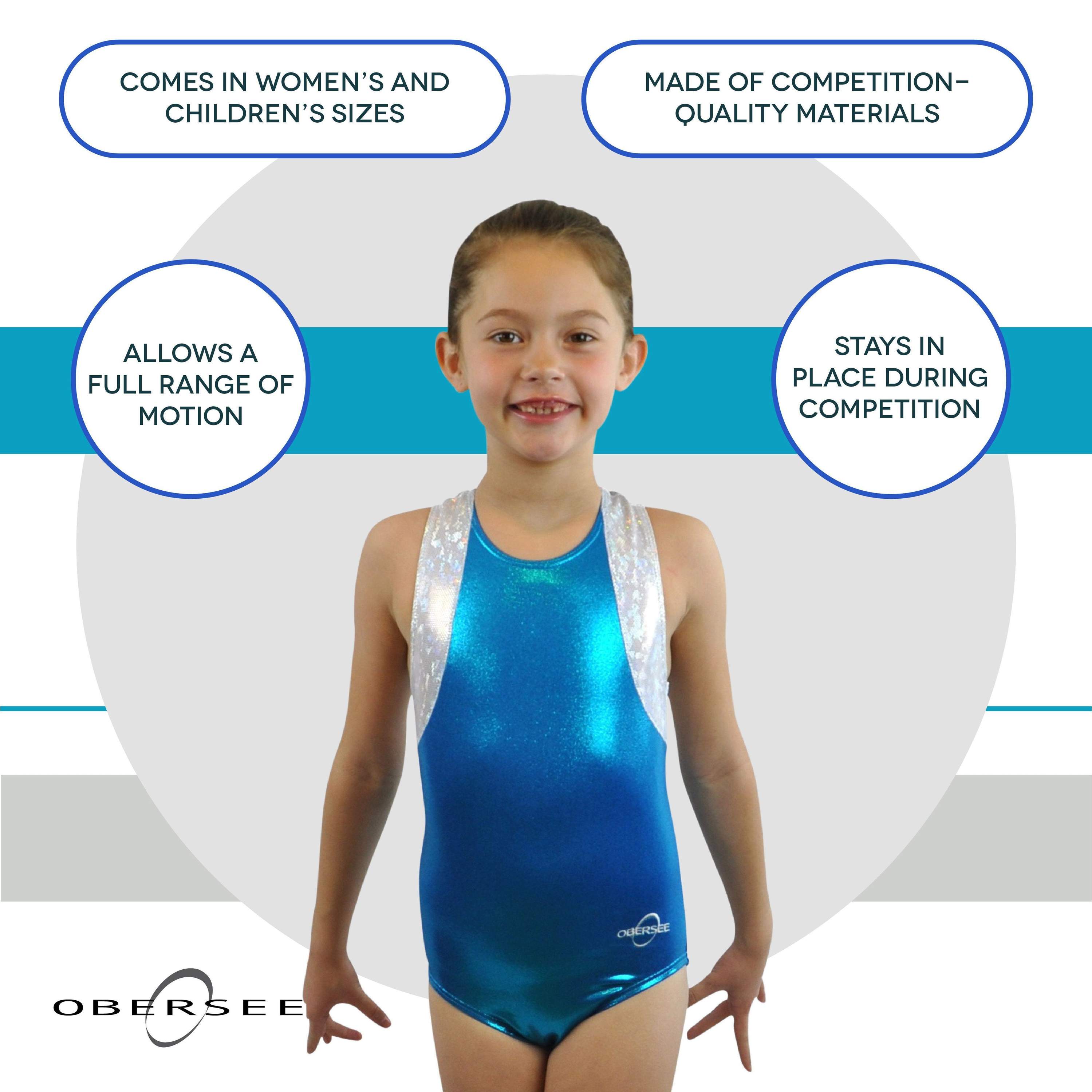 Obersee Girls Gymnastics Leotard in turquoise with silver accents, featuring a scoop neck and cross back design, perfect for gymnastics and dance.