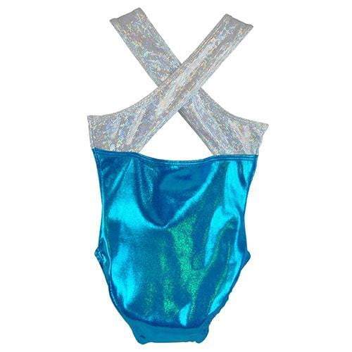 Obersee Girls Gymnastics Leotard in turquoise with silver accents, featuring a scoop neck and cross back design, perfect for gymnastics and dance.