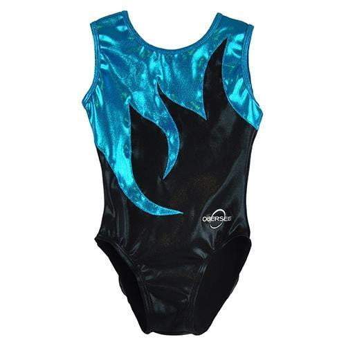 Obersee Girls Gymnastics Leotard in Black Mist, showcasing a scoop neck design and vibrant turquoise accents.