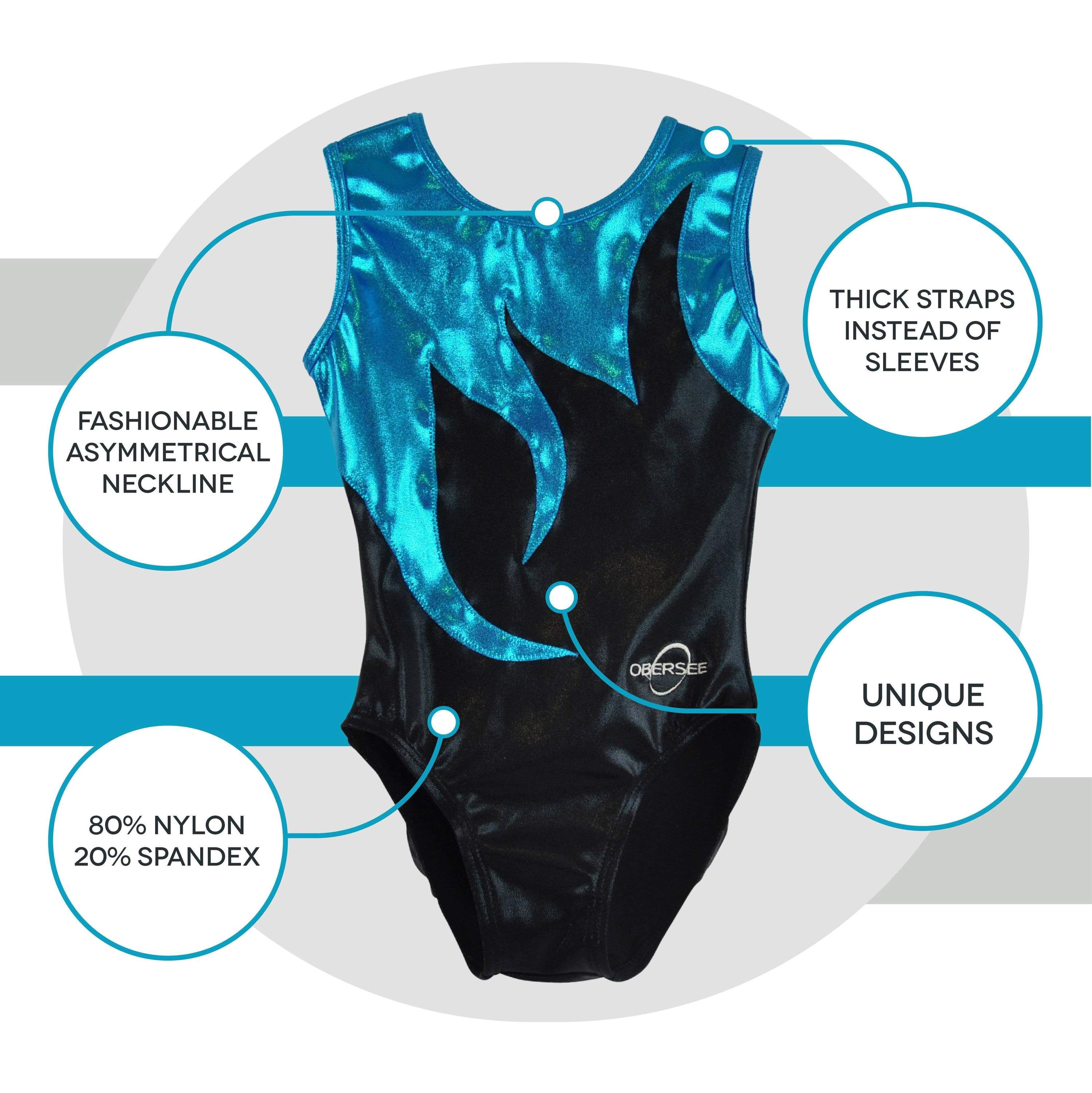 Obersee Girls Gymnastics Leotard in Black Mist, showcasing a scoop neck design and vibrant turquoise accents.