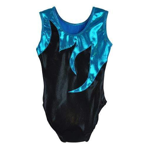 Obersee Girls Gymnastics Leotard in Black Mist, showcasing a scoop neck design and vibrant turquoise accents.