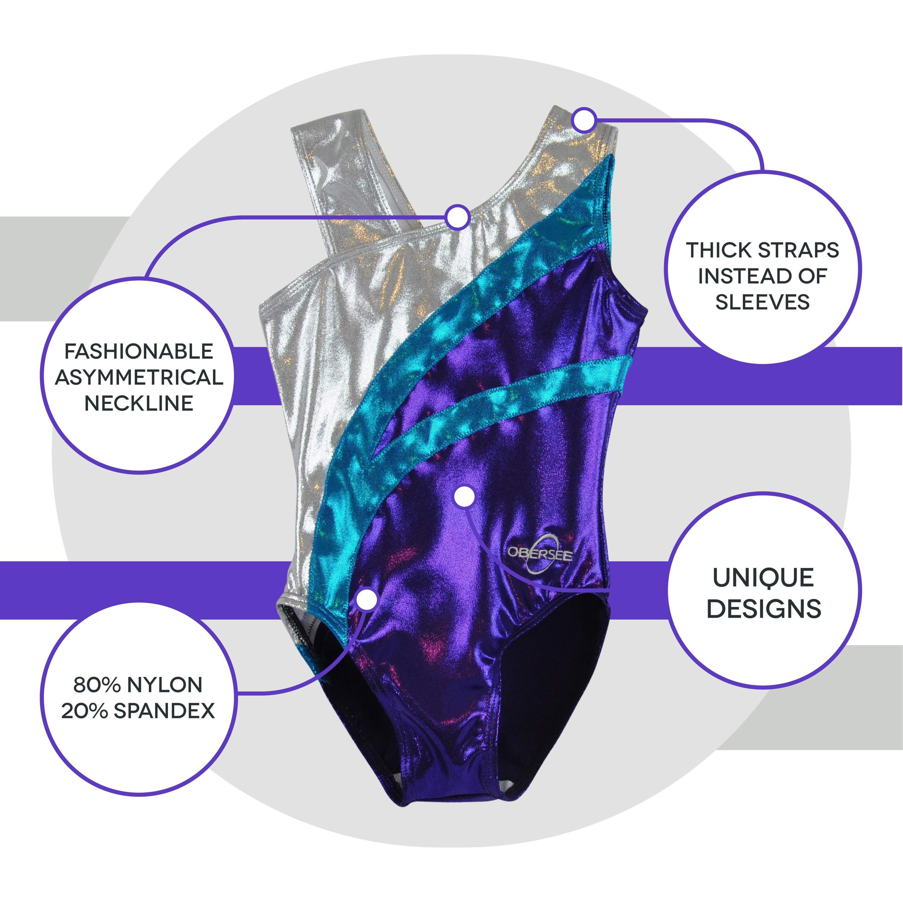 O3GL060 Obersee Girls Gymnastics Leotard featuring purple arcs and shimmering fabric, designed for comfort and performance.