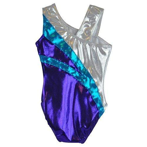 O3GL060 Obersee Girls Gymnastics Leotard featuring purple arcs and shimmering fabric, designed for comfort and performance.