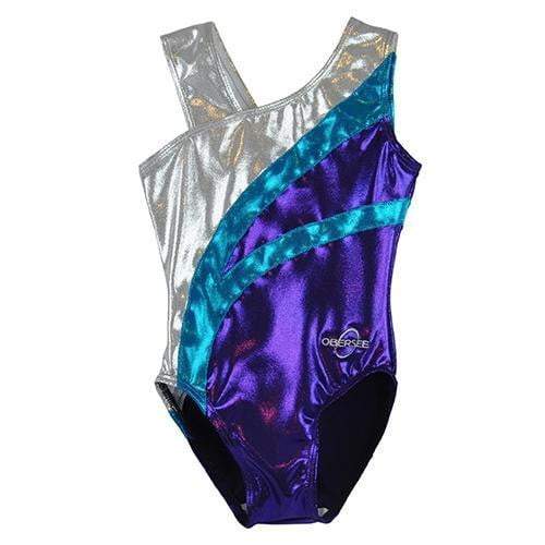 O3GL060 Obersee Girls Gymnastics Leotard featuring purple arcs and shimmering fabric, designed for comfort and performance.