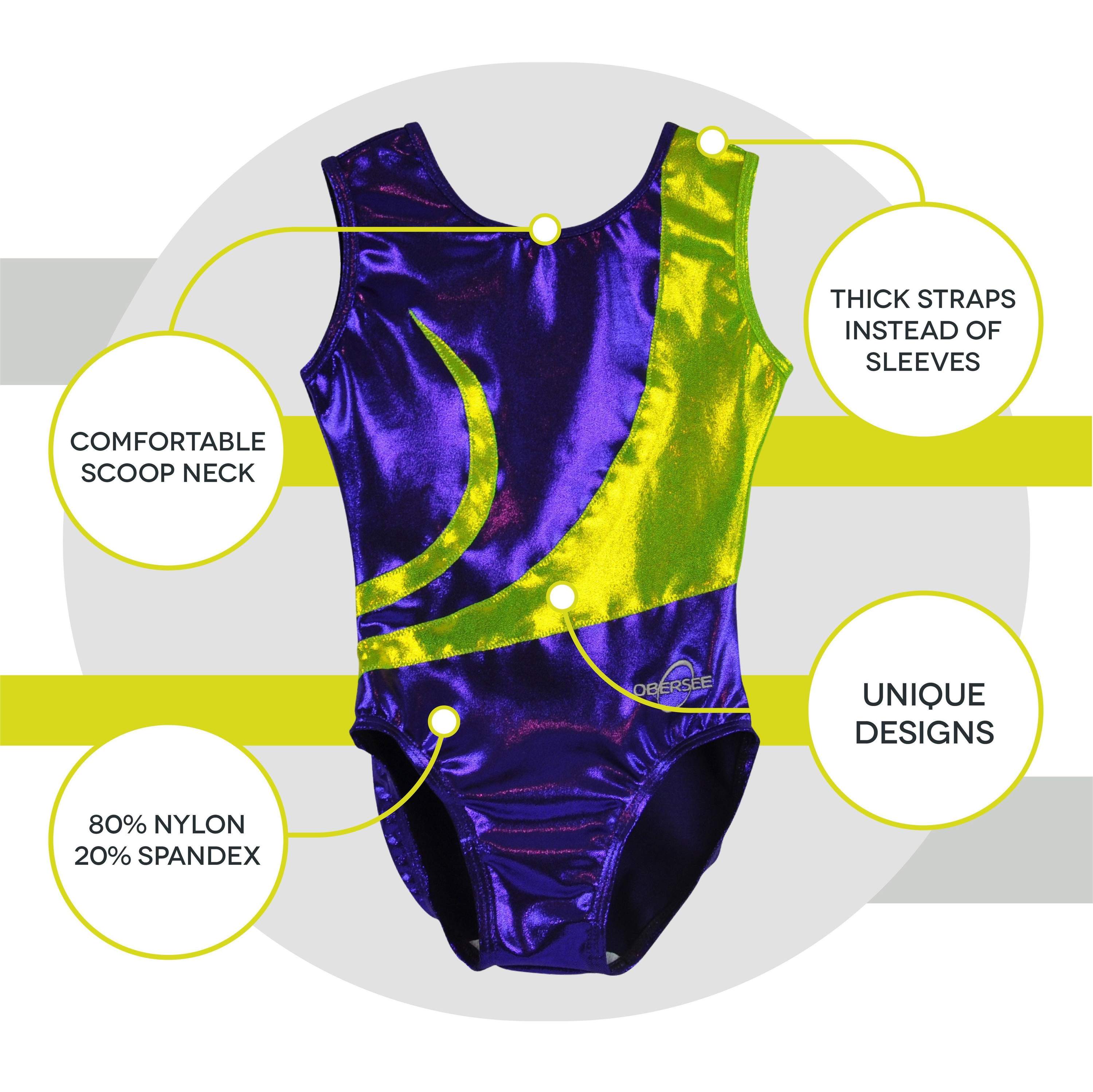 O3GL061 Obersee Girls Gymnastics Leotard in Zoe Purple with lime green accents, showcasing a scoop neck and sleeveless design.