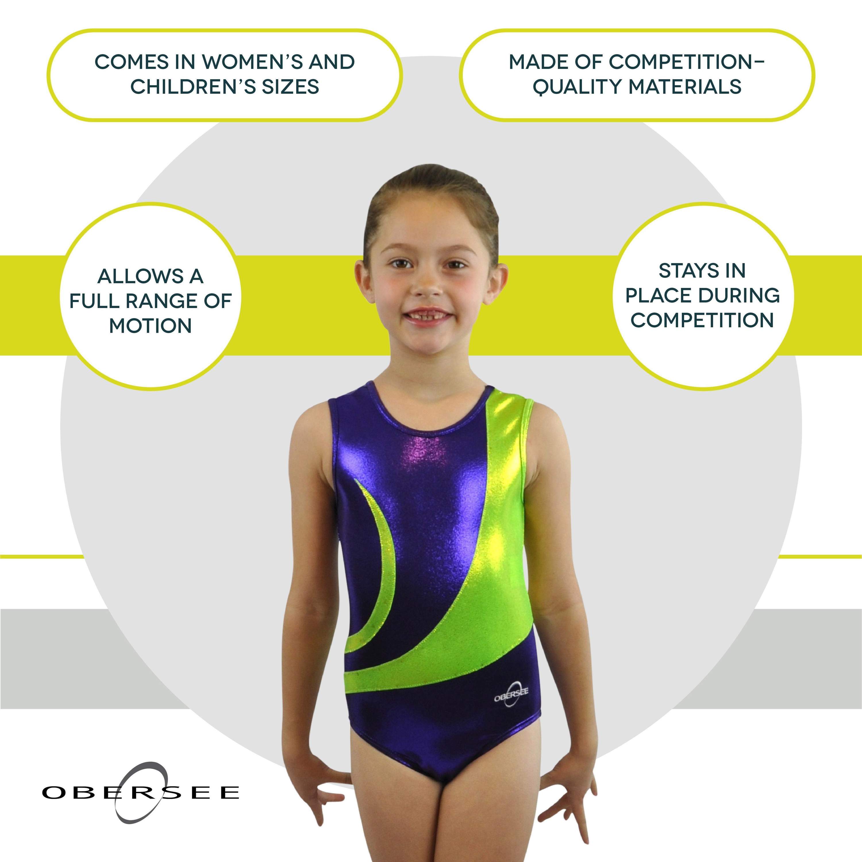 O3GL061 Obersee Girls Gymnastics Leotard in Zoe Purple with lime green accents, showcasing a scoop neck and sleeveless design.