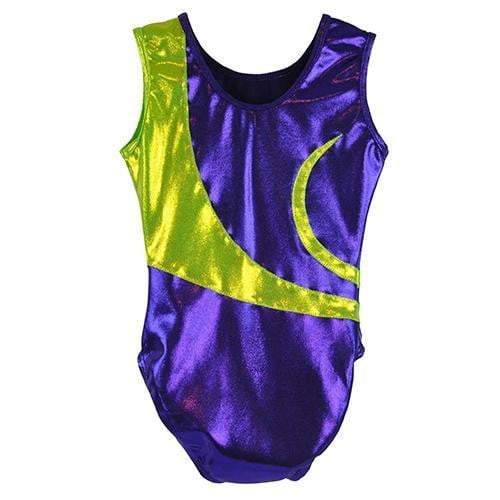 O3GL061 Obersee Girls Gymnastics Leotard in Zoe Purple with lime green accents, showcasing a scoop neck and sleeveless design.