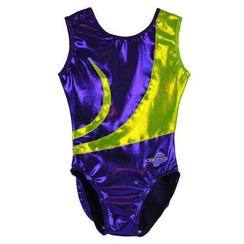 O3GL061 Obersee Girls Gymnastics Leotard in Zoe Purple with lime green accents, showcasing a scoop neck and sleeveless design.