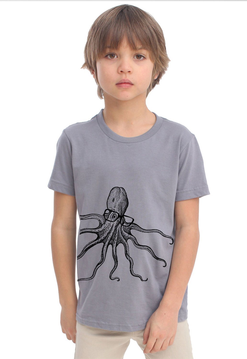 Child wearing octopus graphic shirt.