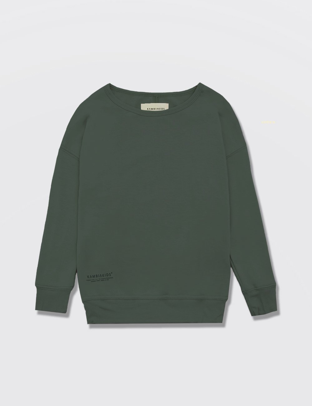 Olive Crewneck for kids made from recycled bamboo, showcasing its soft texture and gender-neutral design.