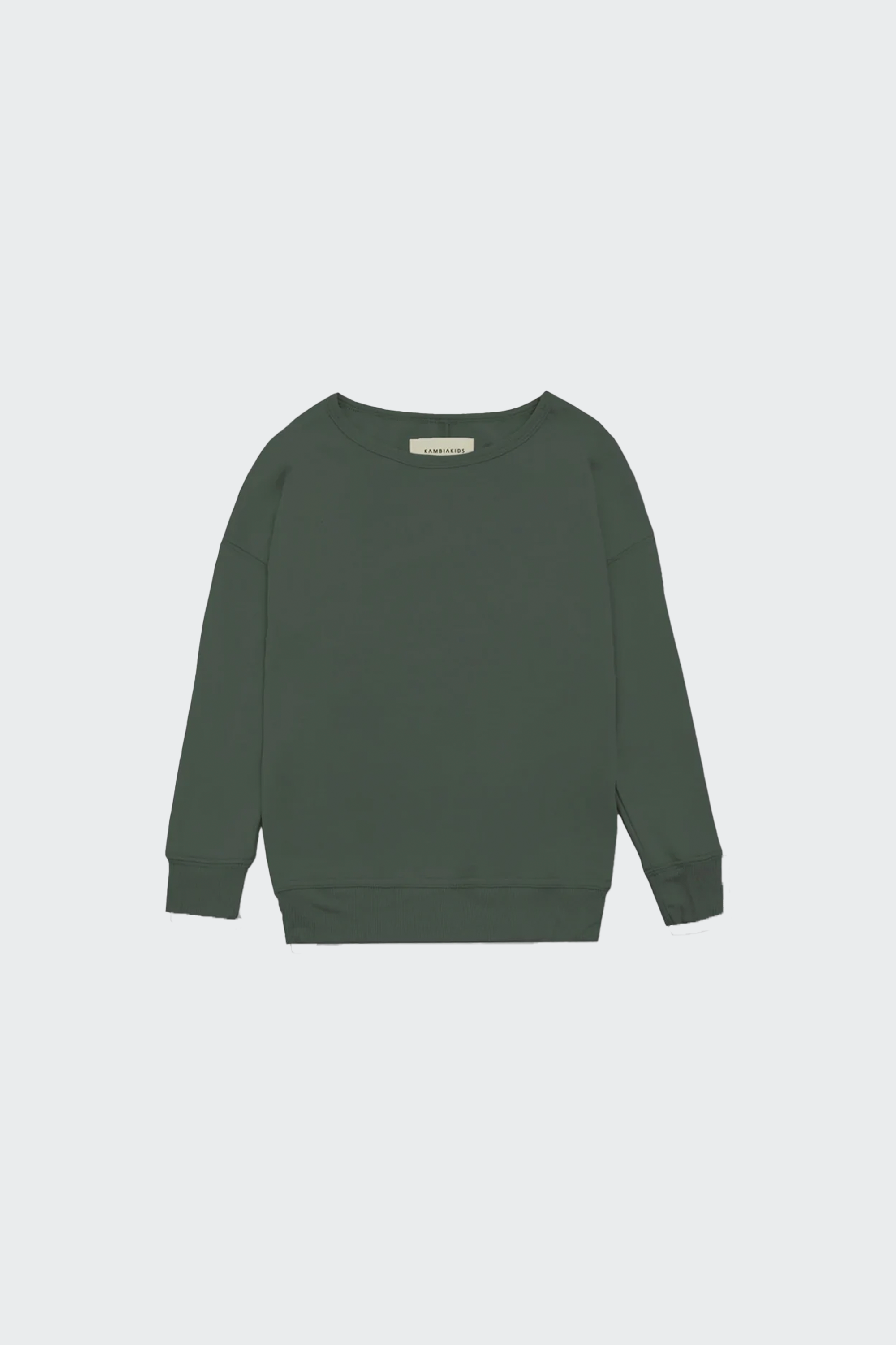 Olive Crewneck for kids made from recycled bamboo, showcasing its soft texture and gender-neutral design.