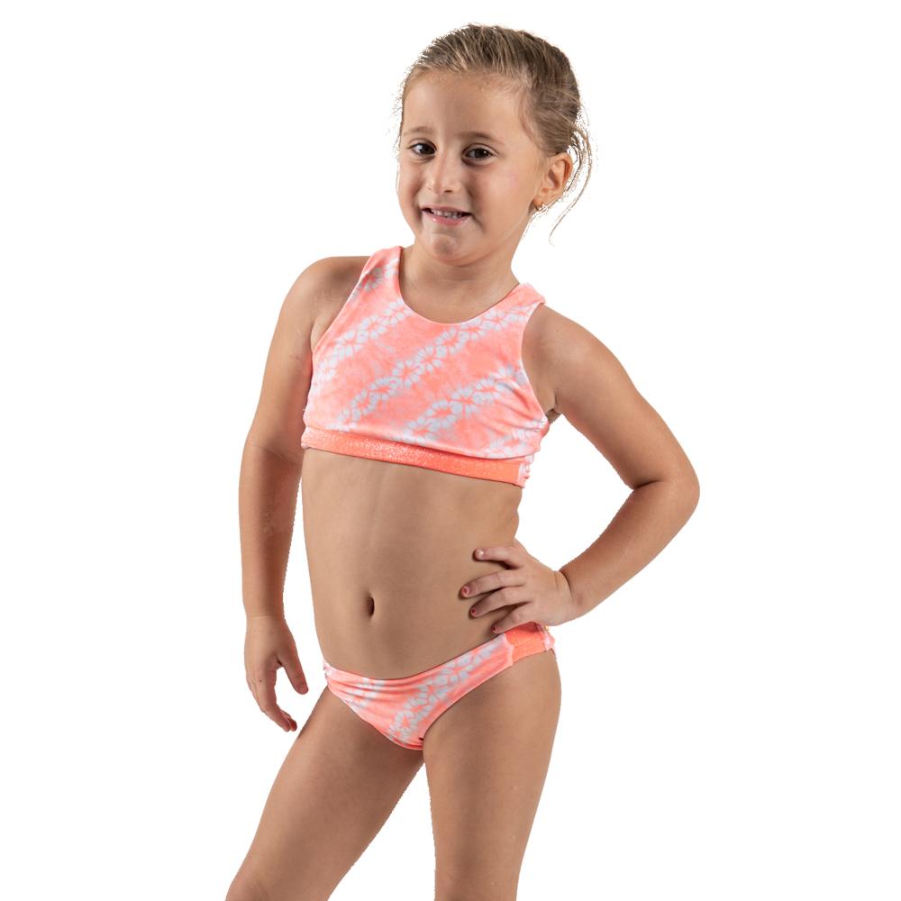 Kids Orange Tie Dye Bikini featuring one-shoulder design and adjustable back, perfect for summer fun.