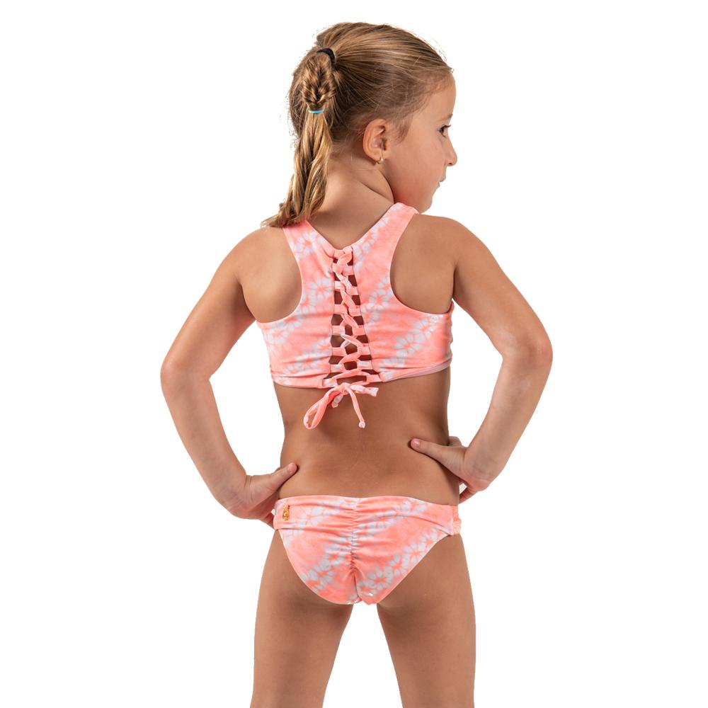 Kids Orange Tie Dye Bikini featuring one-shoulder design and adjustable back, perfect for summer fun.