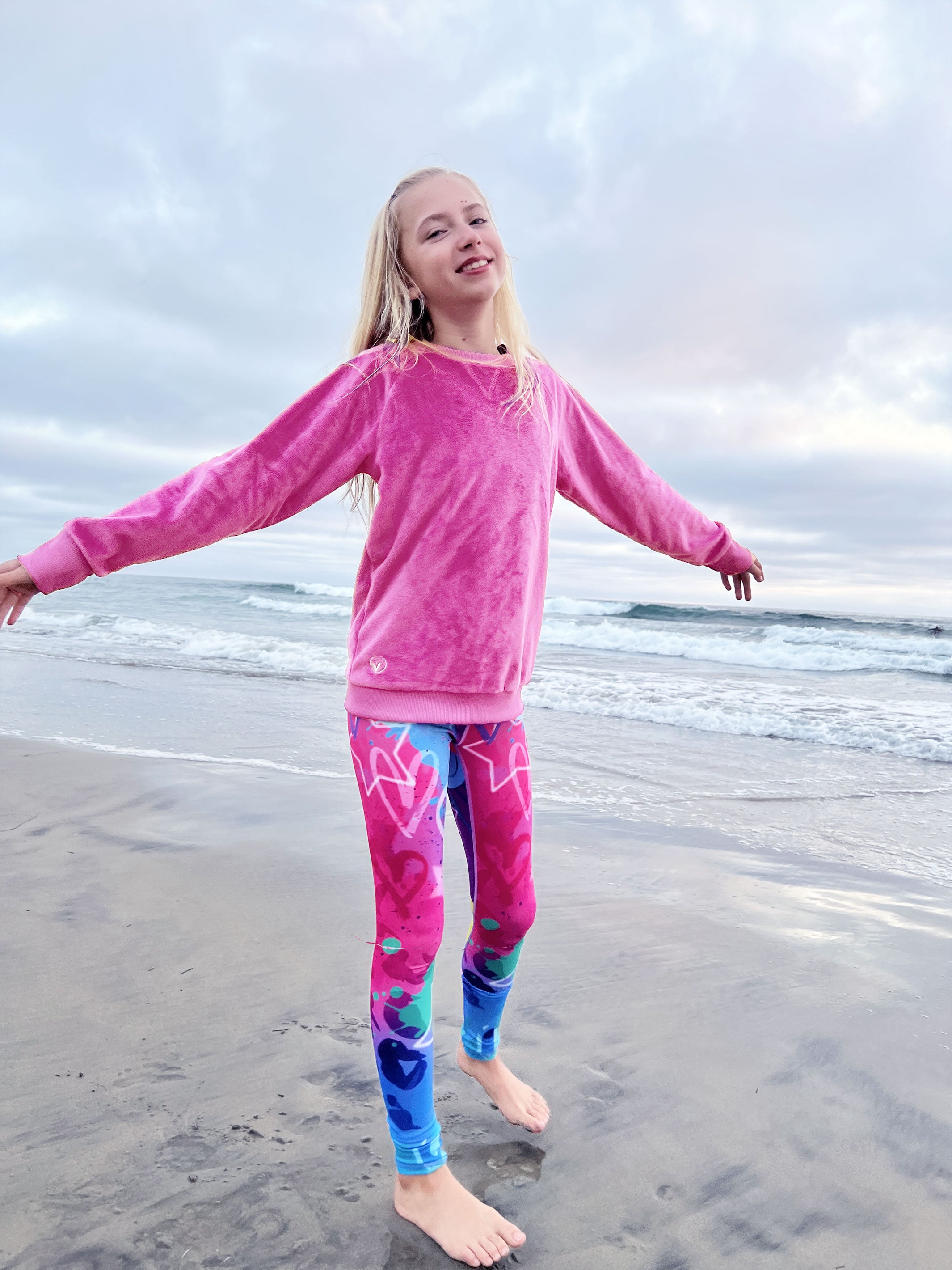 Limeapple Orchid Crewneck and Sophie Leggings activewear set, featuring a soft minky crewneck top in orchid color and stylish high-rise printed leggings.