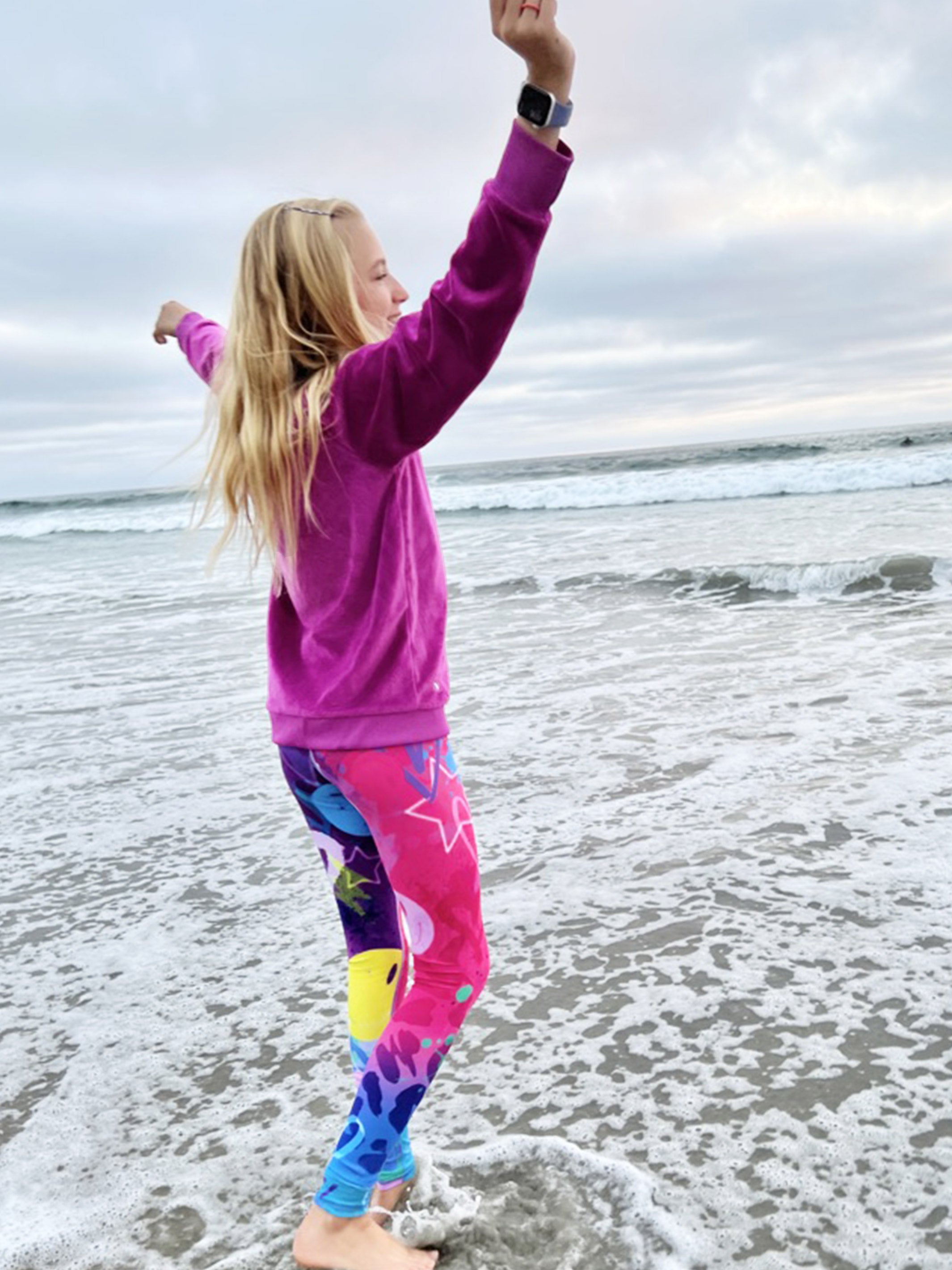 Limeapple Orchid Crewneck and Sophie Leggings activewear set, featuring a soft minky crewneck top in orchid color and stylish high-rise printed leggings.